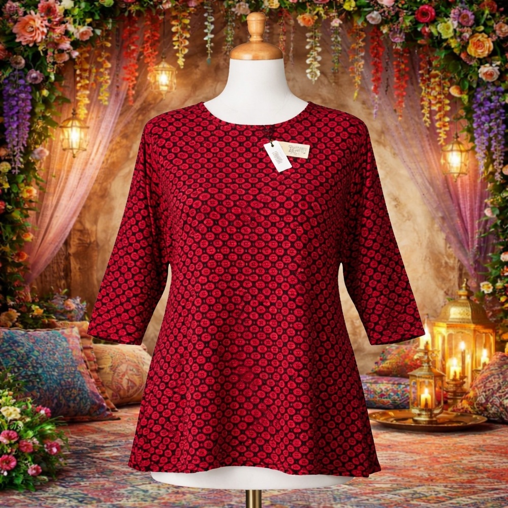 Women’s Tianello Martha Tunic Size XL Red & Black 3/4 Length Sleeve MSRP $95 NWT